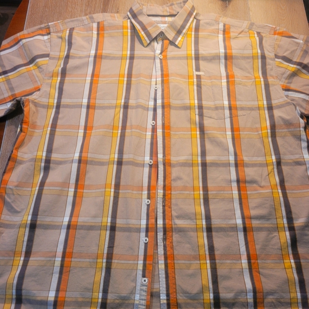 Mens Big Tall 5X Multi-colored Tan Orange Striped Casual Pocket Button Up Shirt
